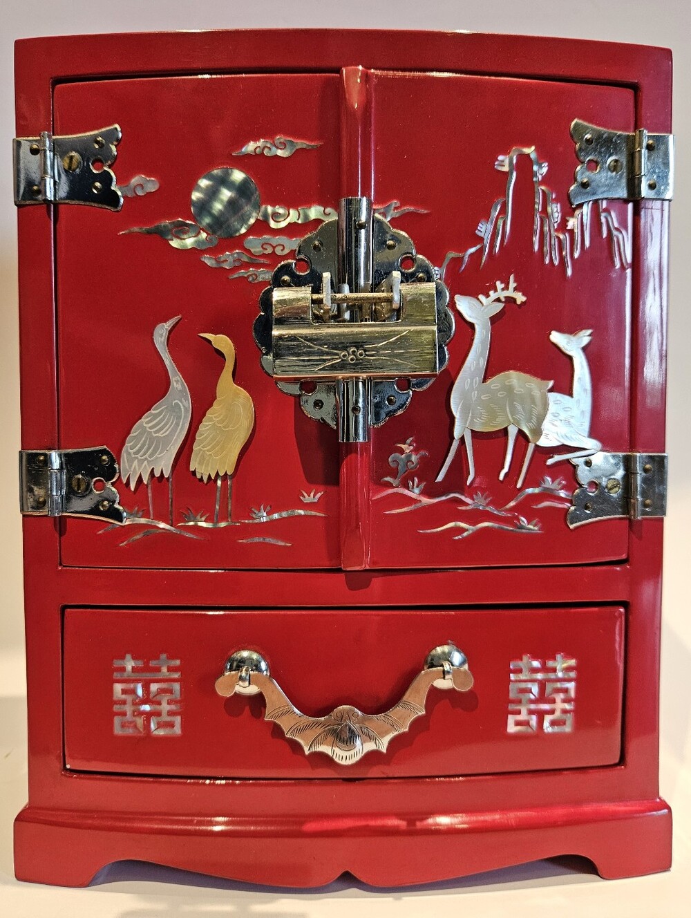 Vintage 1966 Korean Red Lacquer Mother of Pearl Jewelry Box Cabinet